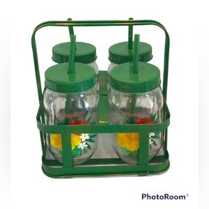 🍄 Retro Tropical Mason Jar Drinkware Set with Metal Rack